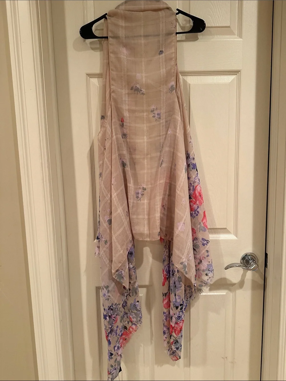 Sheer Curtain Panel sleeveless kimono with Pink and Purple Floral Print